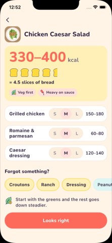 PlateWise meal confirmation screen with an estimated calorie range, toast comparison and editable portions